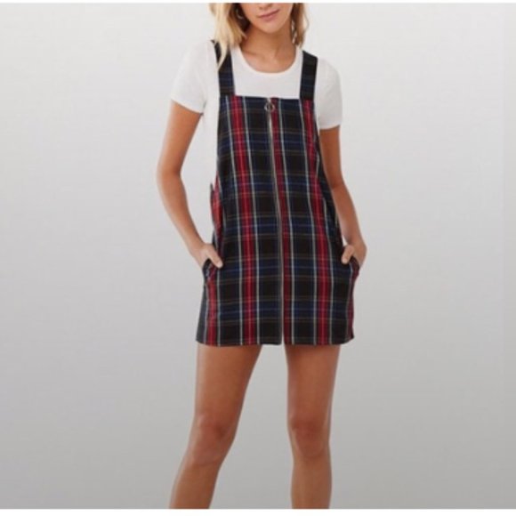 FOREVER 21 / L / Women's Tartan Plaid Pinafore Full Front Zip Mini Dress - Red - Picture 2 of 9